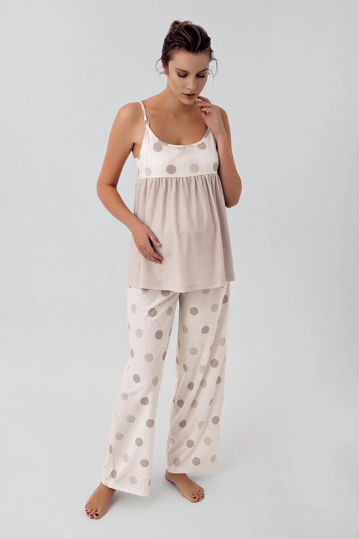 Puantiyeli Askılı Viskoz Hamile Pijama Takımı 16201