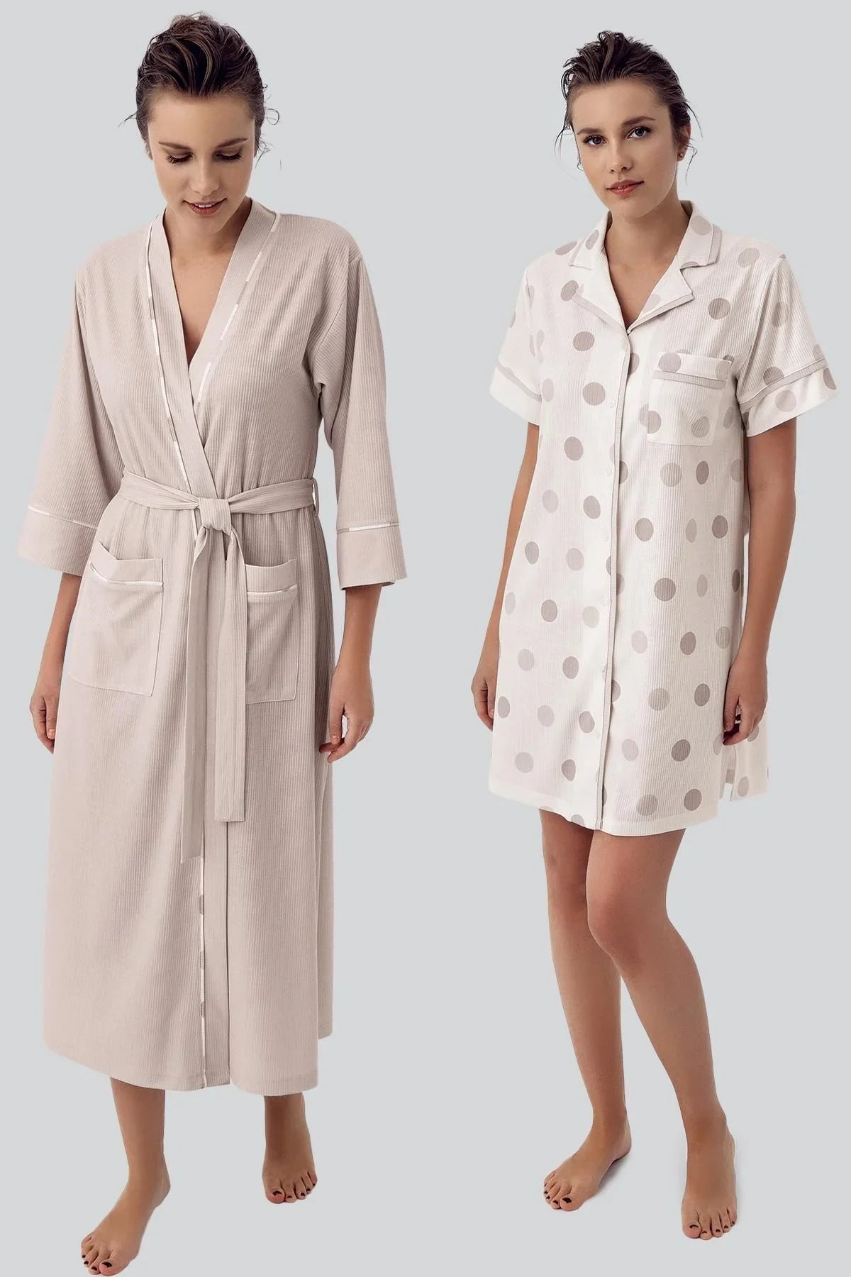 Polka Dot Buttoned Short Sleeve Flexible Viscose Dressing Gown Nightgown Set 16410