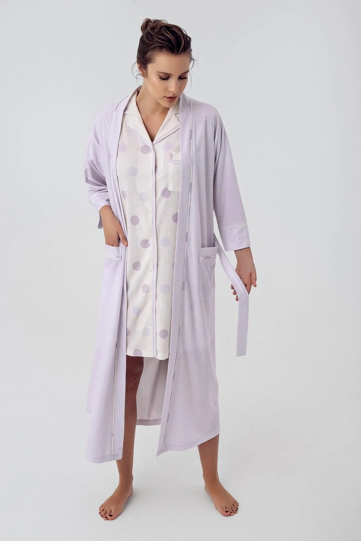 Polka Dot Buttoned Short Sleeve Flexible Viscose Dressing Gown Nightgown Set 16410