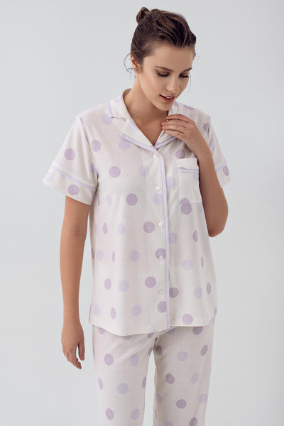 Polka Dot Buttoned Short Sleeve Viscose Pajama Set 16200