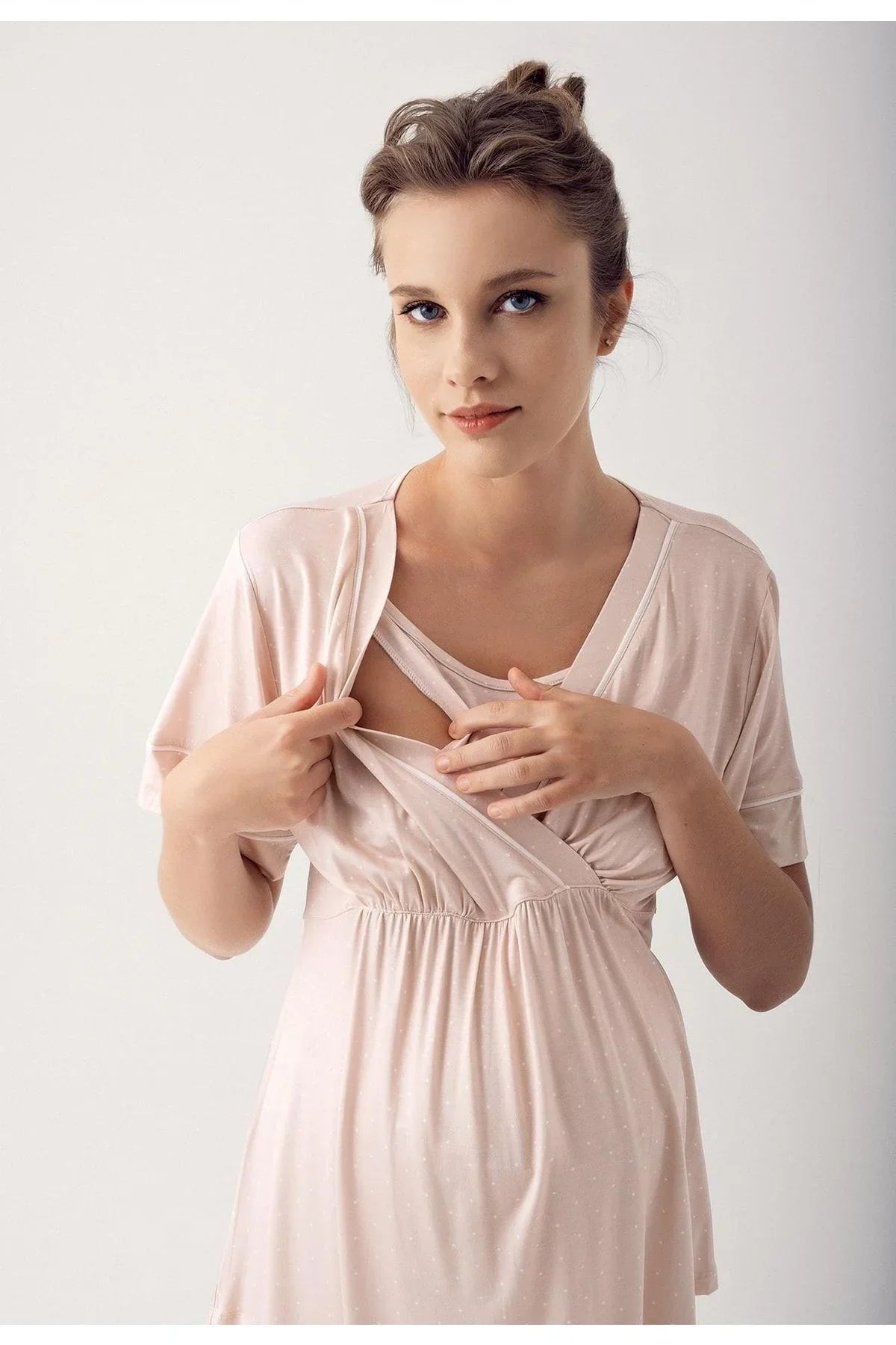 Puantiyeli Kısa Kollu Likralı Viskoz Hamile Pijama Takımı 14206