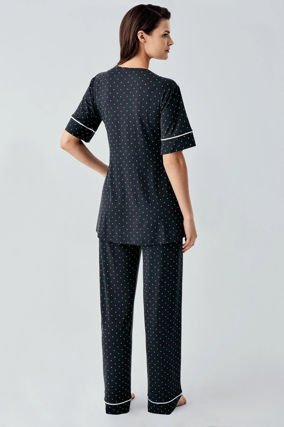 Puantiyeli Kısa Kollu Likralı Viskoz Hamile Pijama Takımı 14206