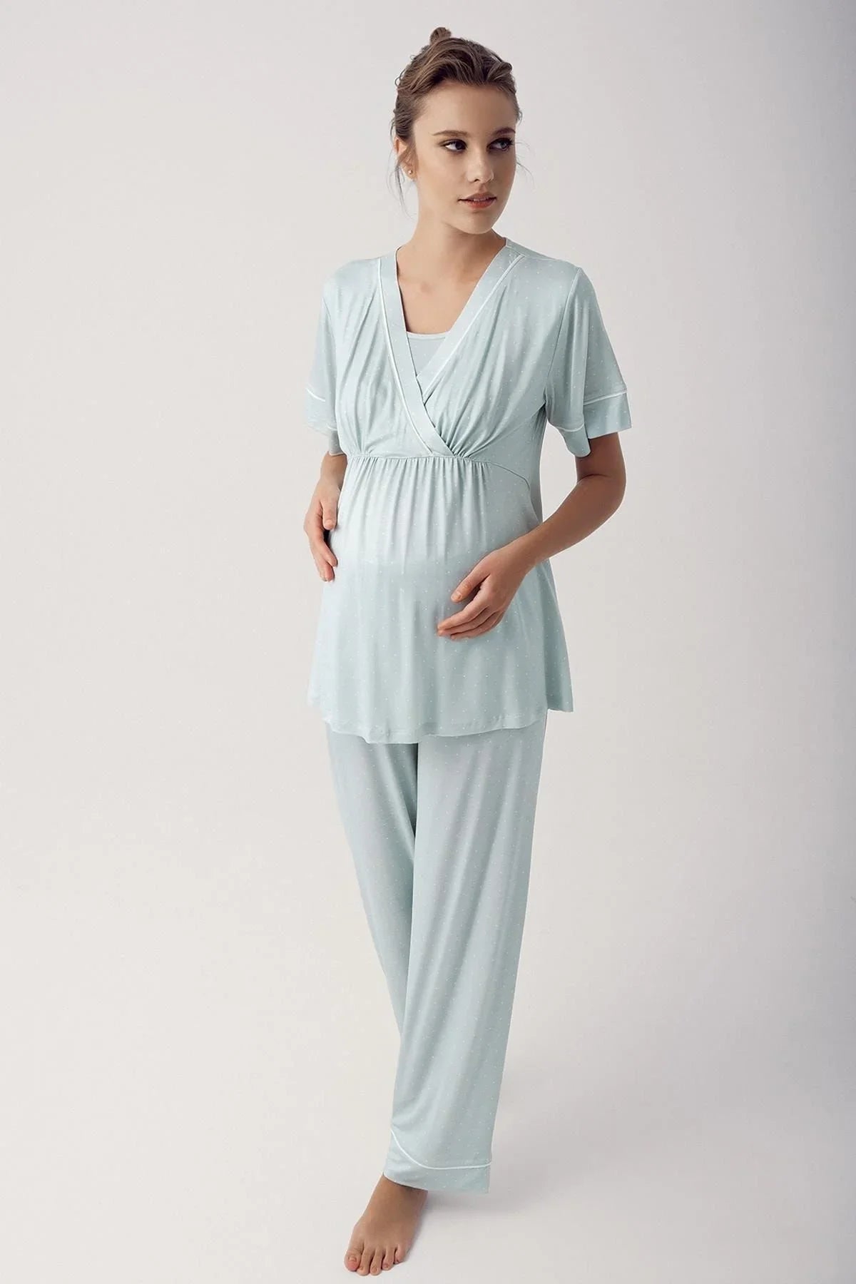 Puantiyeli Kısa Kollu Likralı Viskoz Hamile Pijama Takımı 14206