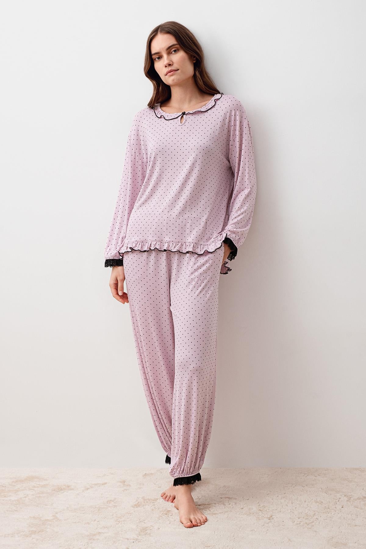 Uzun Kollu Puantiyeli Dantelli Paçası Lastikli Likralı Viskoz Pijama Takım 20208