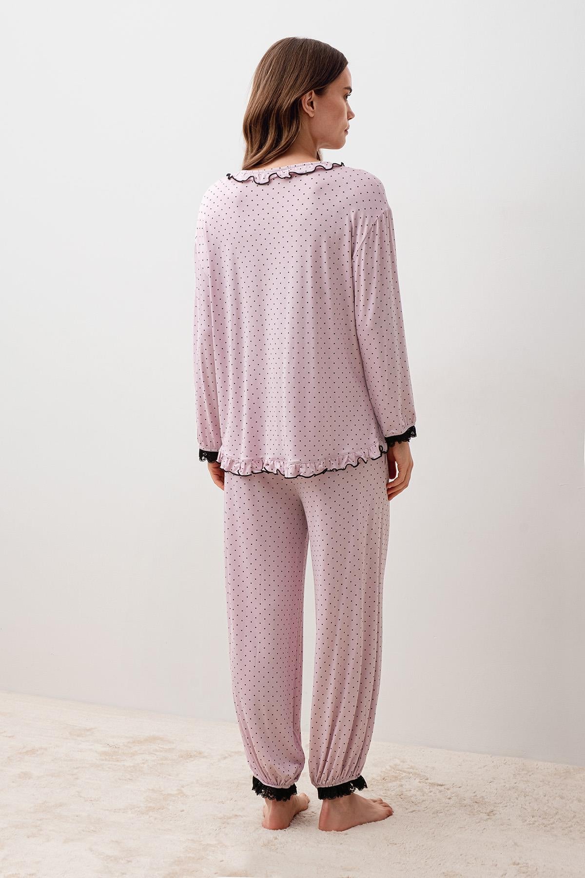 Uzun Kollu Puantiyeli Dantelli Paçası Lastikli Likralı Viskoz Pijama Takım 20208