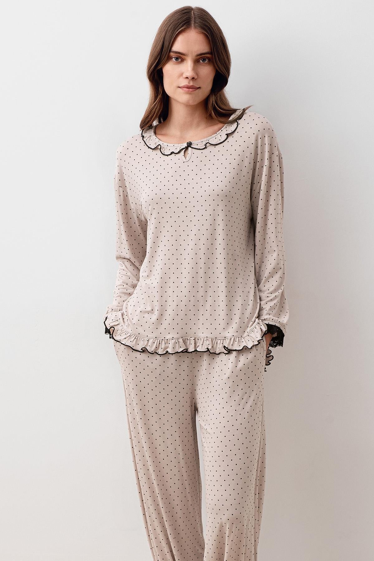 Uzun Kollu Puantiyeli Dantelli Paçası Lastikli Likralı Viskoz Pijama Takım 20208
