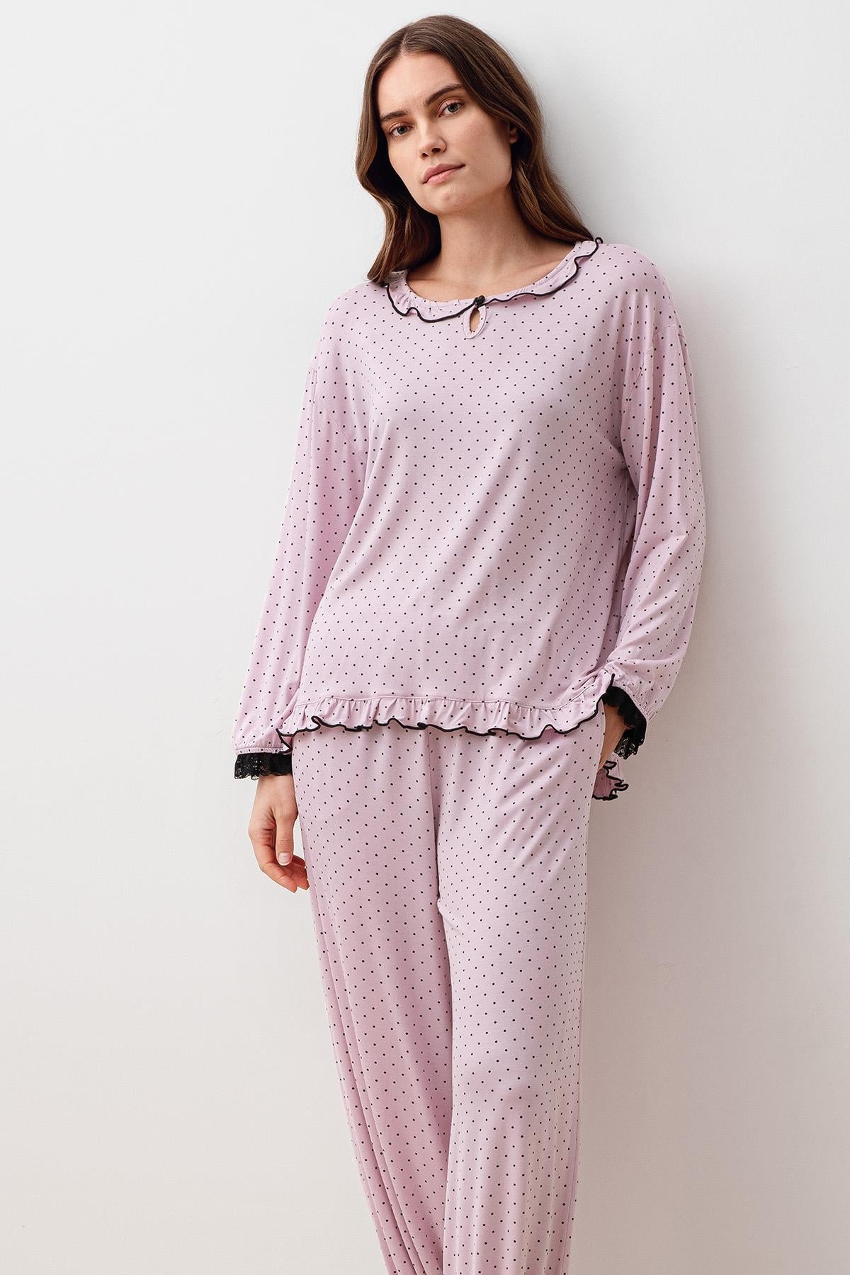 Uzun Kollu Puantiyeli Dantelli Paçası Lastikli Likralı Viskoz Pijama Takım 20208