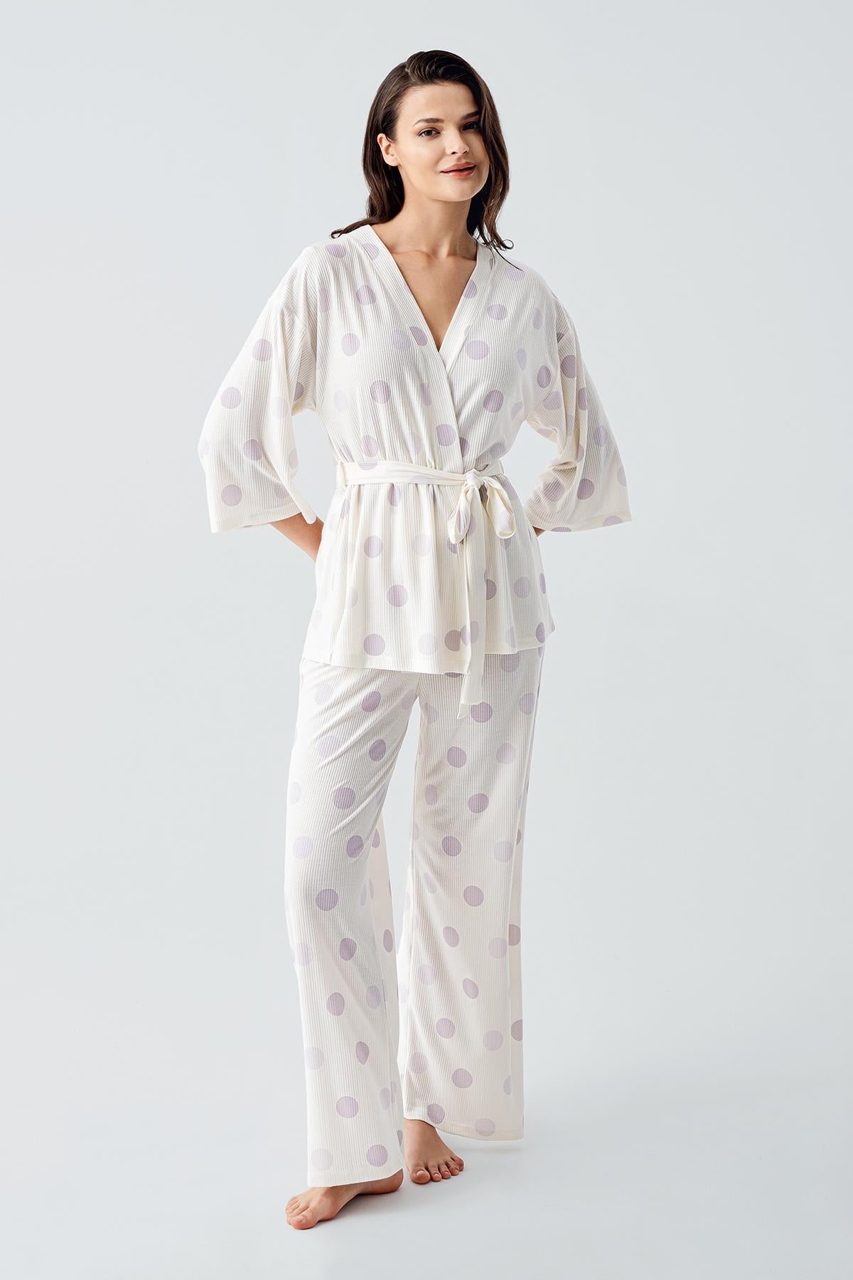 Trukvakar Kol Puantiyeli Kimono Esnek Viskoz Pijama Takım 17212