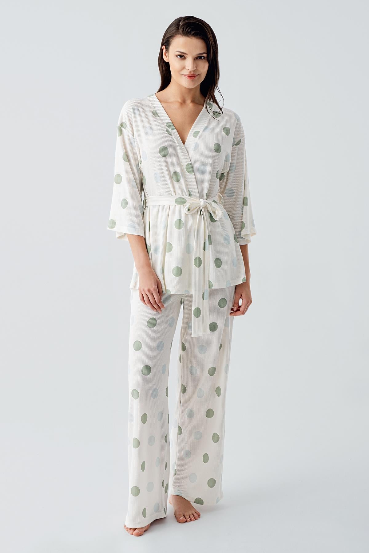 Trukvakar Kol Puantiyeli Kimono Esnek Viskoz Pijama Takım 17212