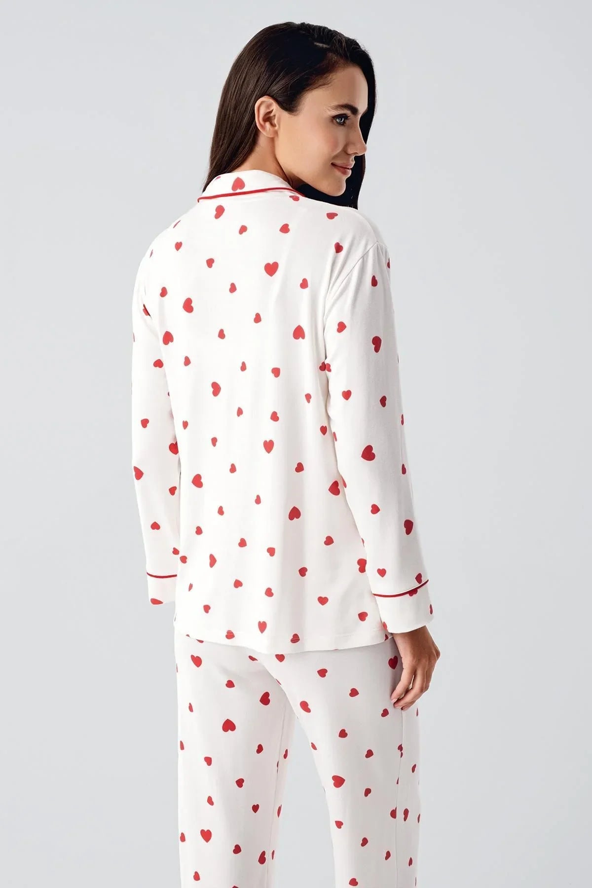 Termal Şardonlu Uzun Kollu Düğmeli Kalp Desenli Esnek Yumuşak Dokulu Hamile Pijama Takım 22113