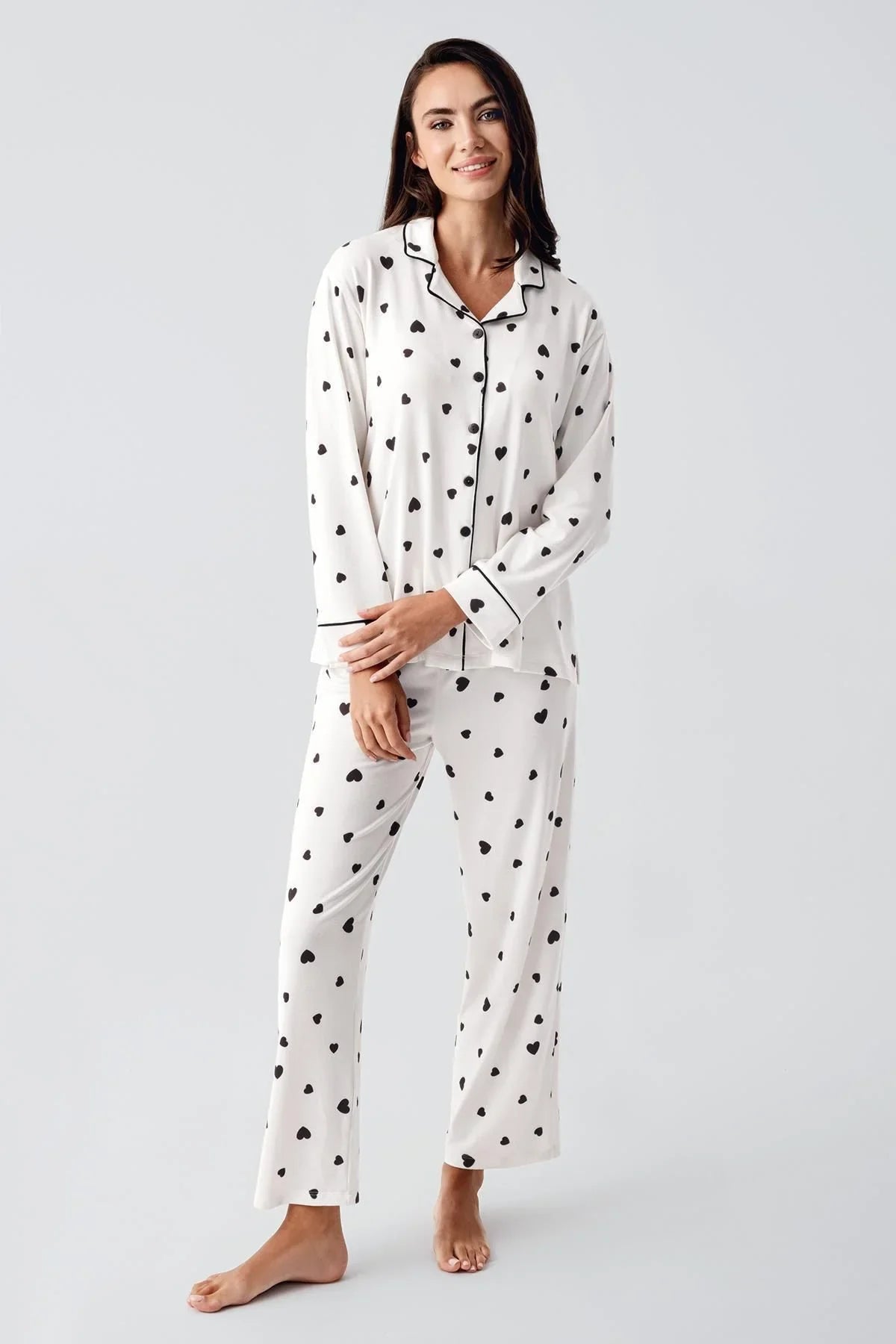 Termal Şardonlu Uzun Kollu Düğmeli Kalp Desenli Esnek Yumuşak Dokulu Hamile Pijama Takım 22113