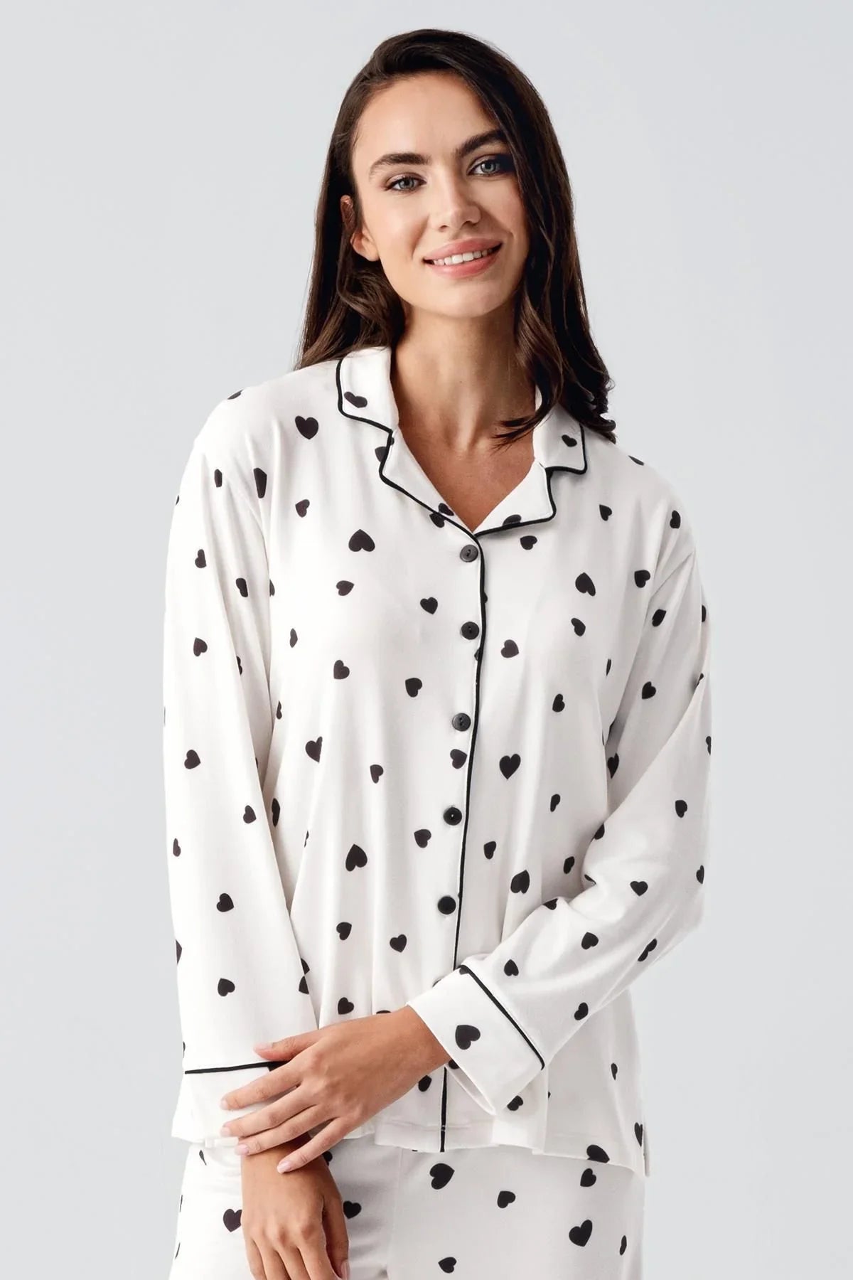 Termal Şardonlu Uzun Kollu Düğmeli Kalp Desenli Esnek Yumuşak Dokulu Hamile Pijama Takım 22113