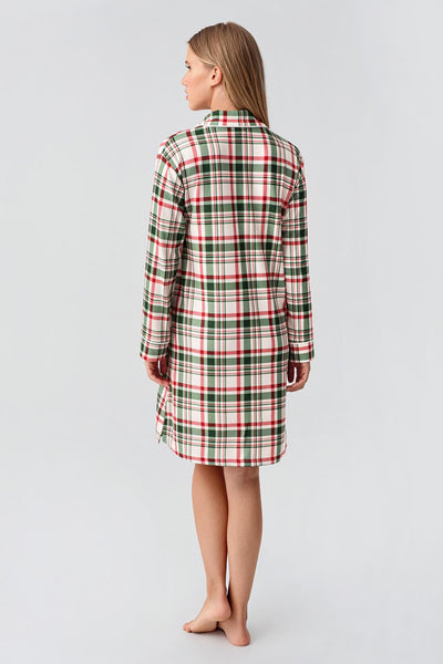 Termal Uzun Kollu Düğmeli Ekose Desenli Esnek Yumuşak Dokulu Gecelik 18109