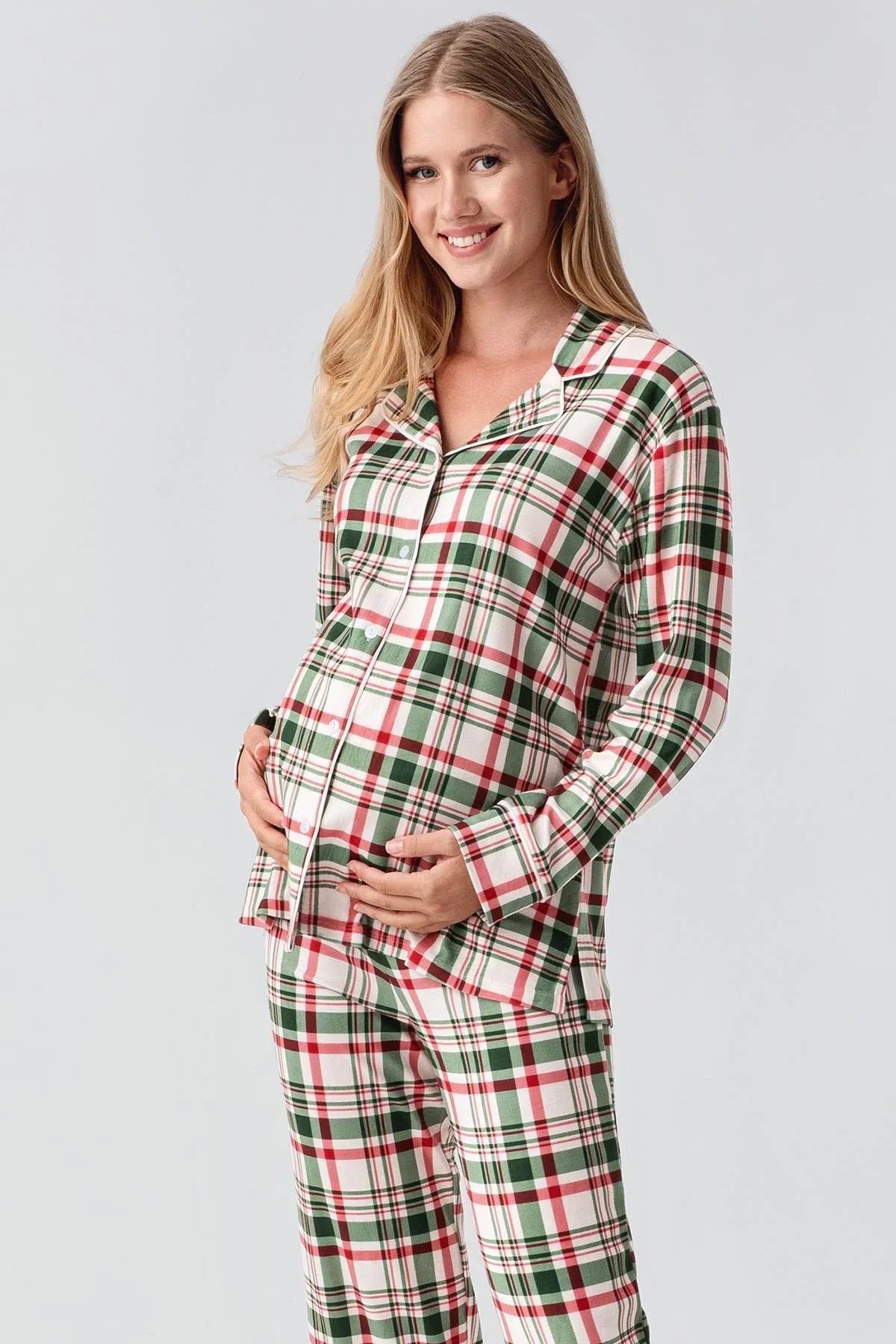 Termal Uzun Kollu Düğmeli Ekose Desenli Esnek Yumuşak Dokulu Pijama Takım 18221