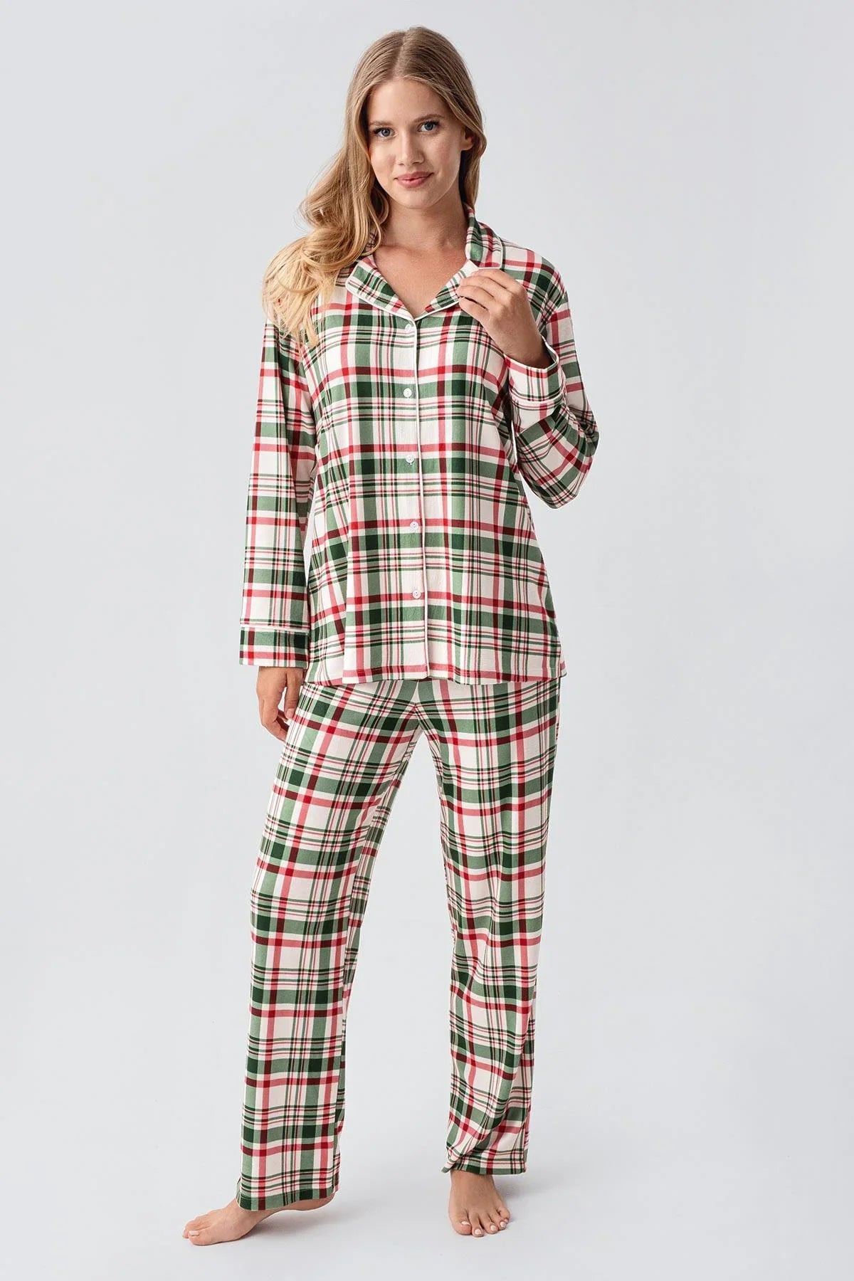 Termal Uzun Kollu Düğmeli Ekose Desenli Esnek Yumuşak Dokulu Pijama Takım 18221