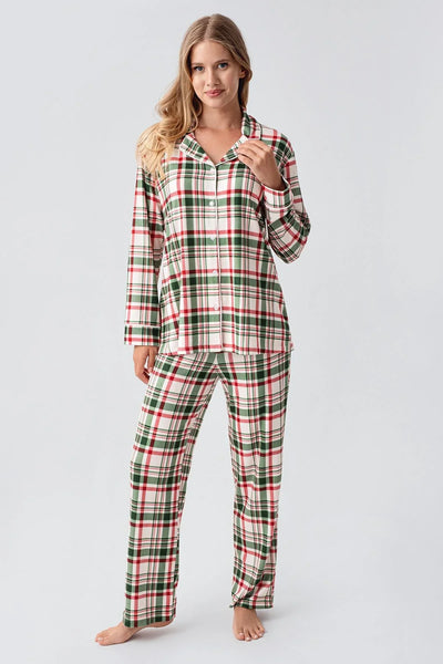 Termal Uzun Kollu Düğmeli Ekose Desenli Esnek Yumuşak Dokulu Pijama Takım 18221