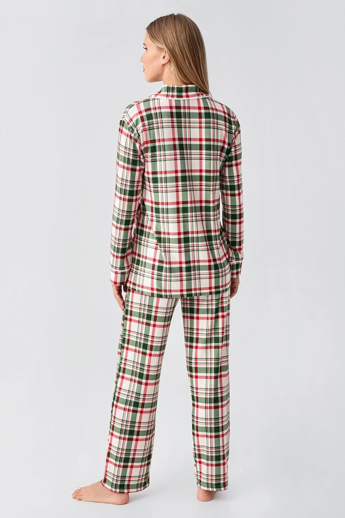 Termal Uzun Kollu Düğmeli Ekose Desenli Esnek Yumuşak Dokulu Pijama Takım 18221