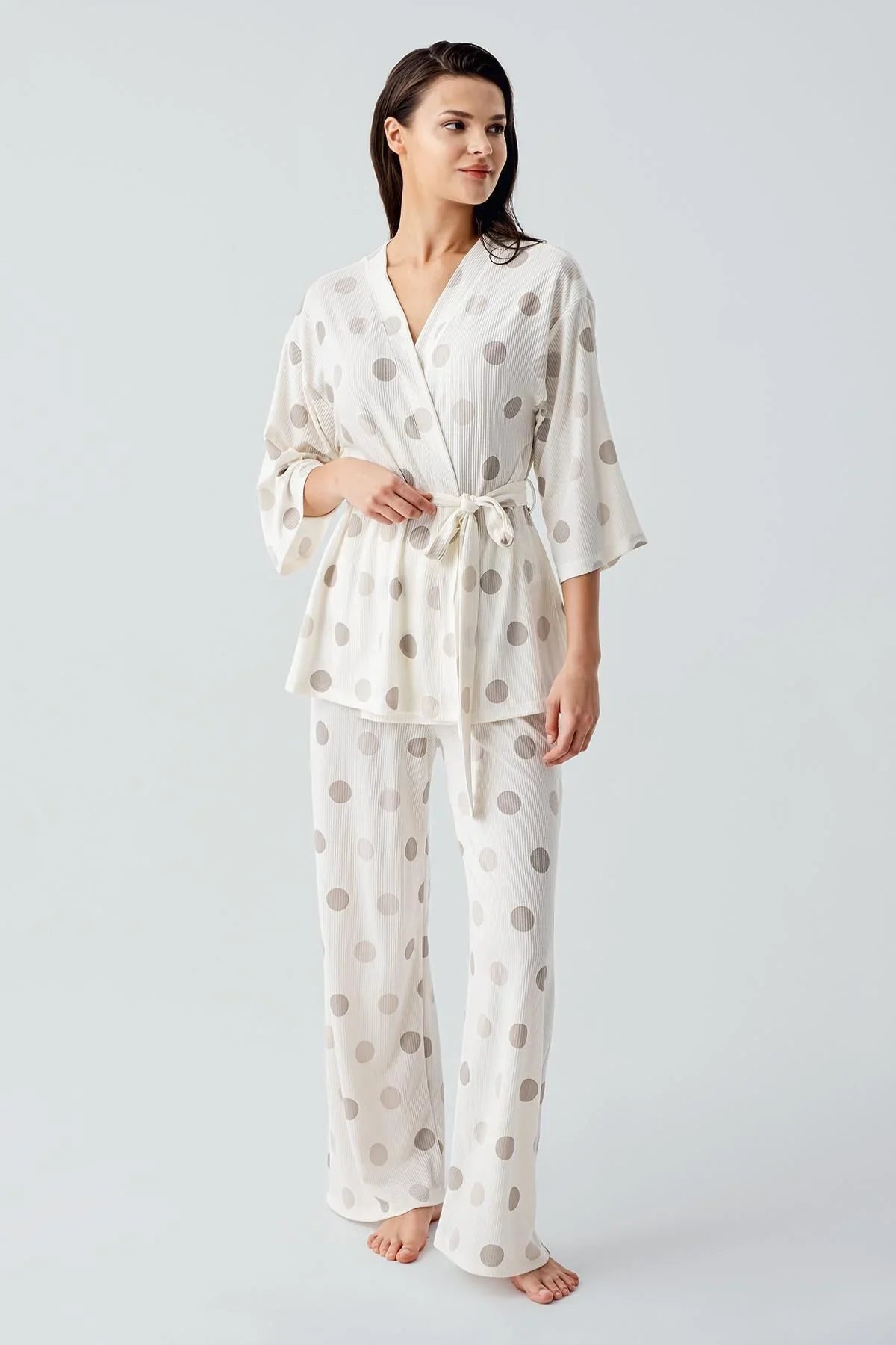 Truvakar Kol Puantiyeli Kimono Esnek Viskoz Pijama Takım 17212