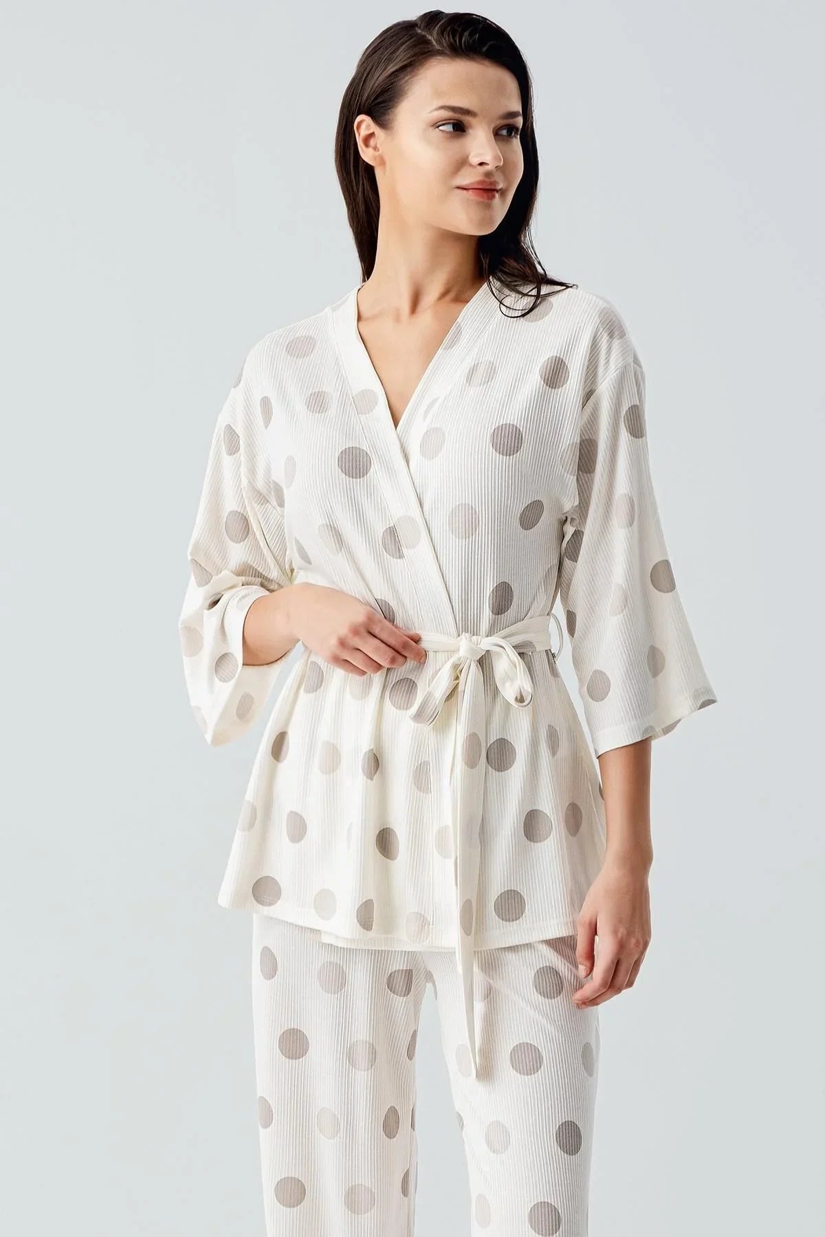 Truvakar Kol Puantiyeli Kimono Esnek Viskoz Pijama Takım 17212