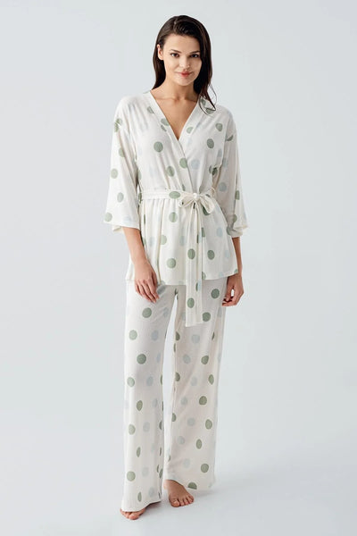 Truvakar Kol Puantiyeli Kimono Esnek Viskoz Pijama Takım 17212
