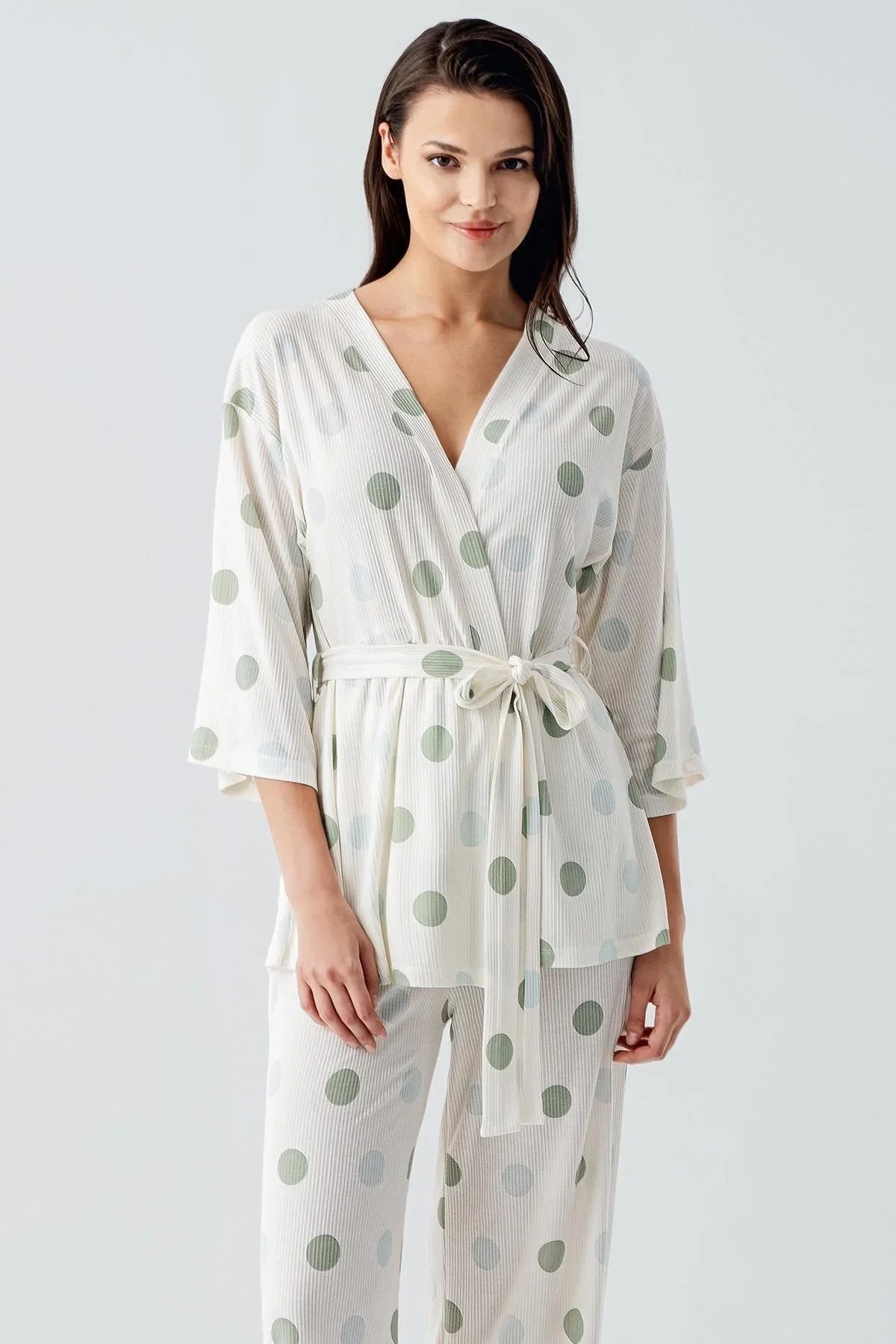Truvakar Kol Puantiyeli Kimono Esnek Viskoz Pijama Takım 17212 - Artış Collection