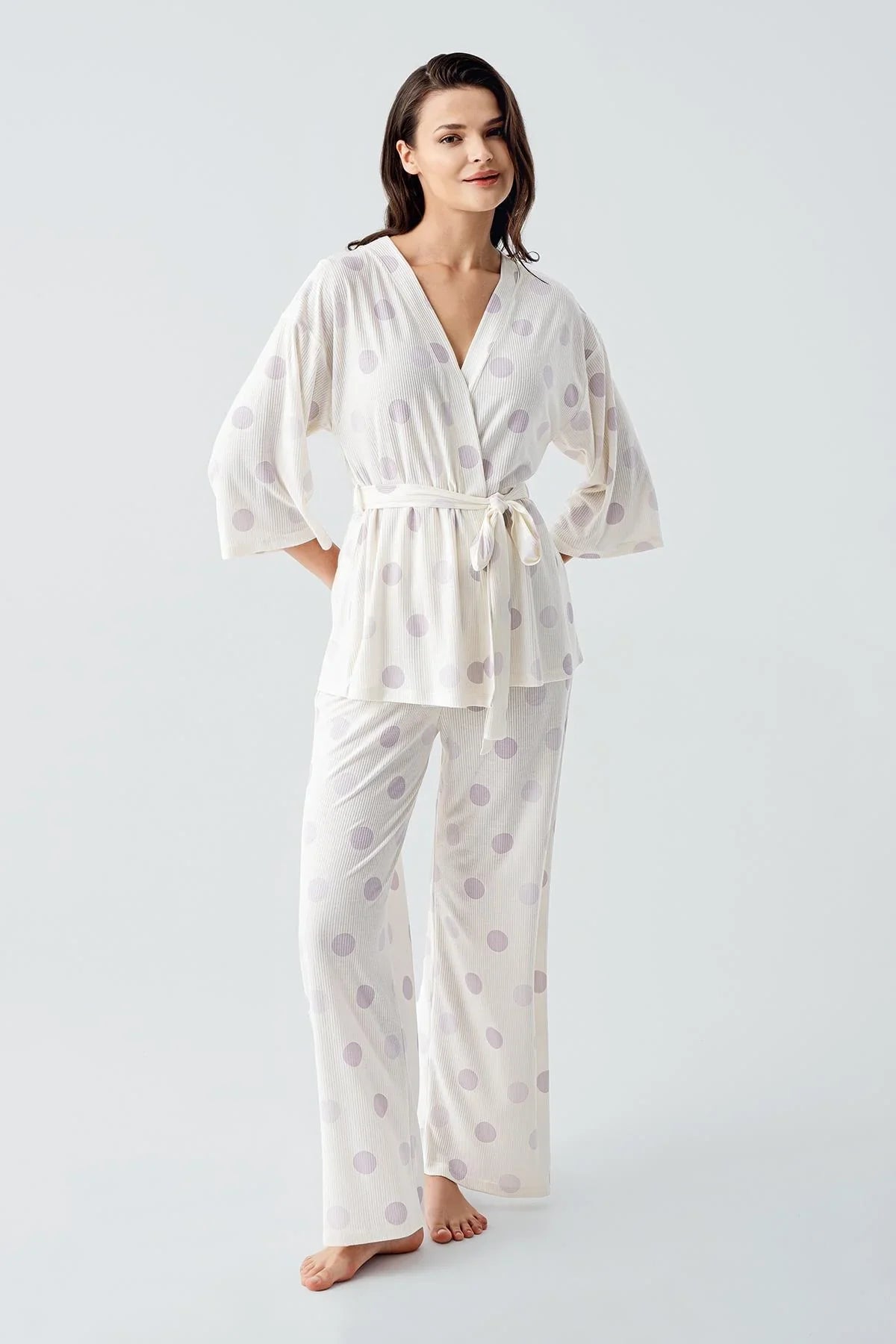 Truvakar Kol Puantiyeli Kimono Esnek Viskoz Pijama Takım 17212