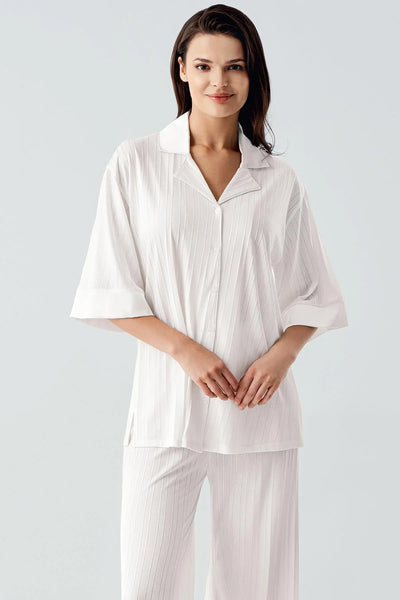 Truvakar Kol Düğmeli Saten Detaylı Esnek Viskoz Pijama Takım 17202