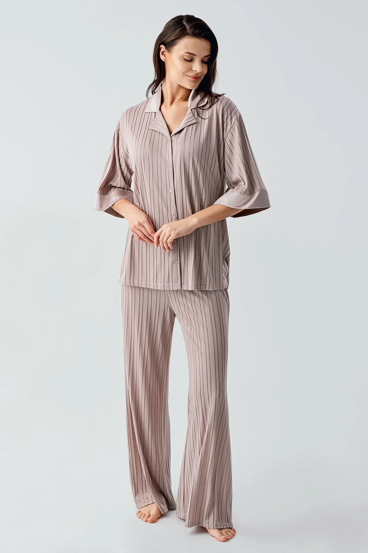 Truvakar Kol Düğmeli Saten Detaylı Esnek Viskoz Pijama Takım 17202 - Artış Collection