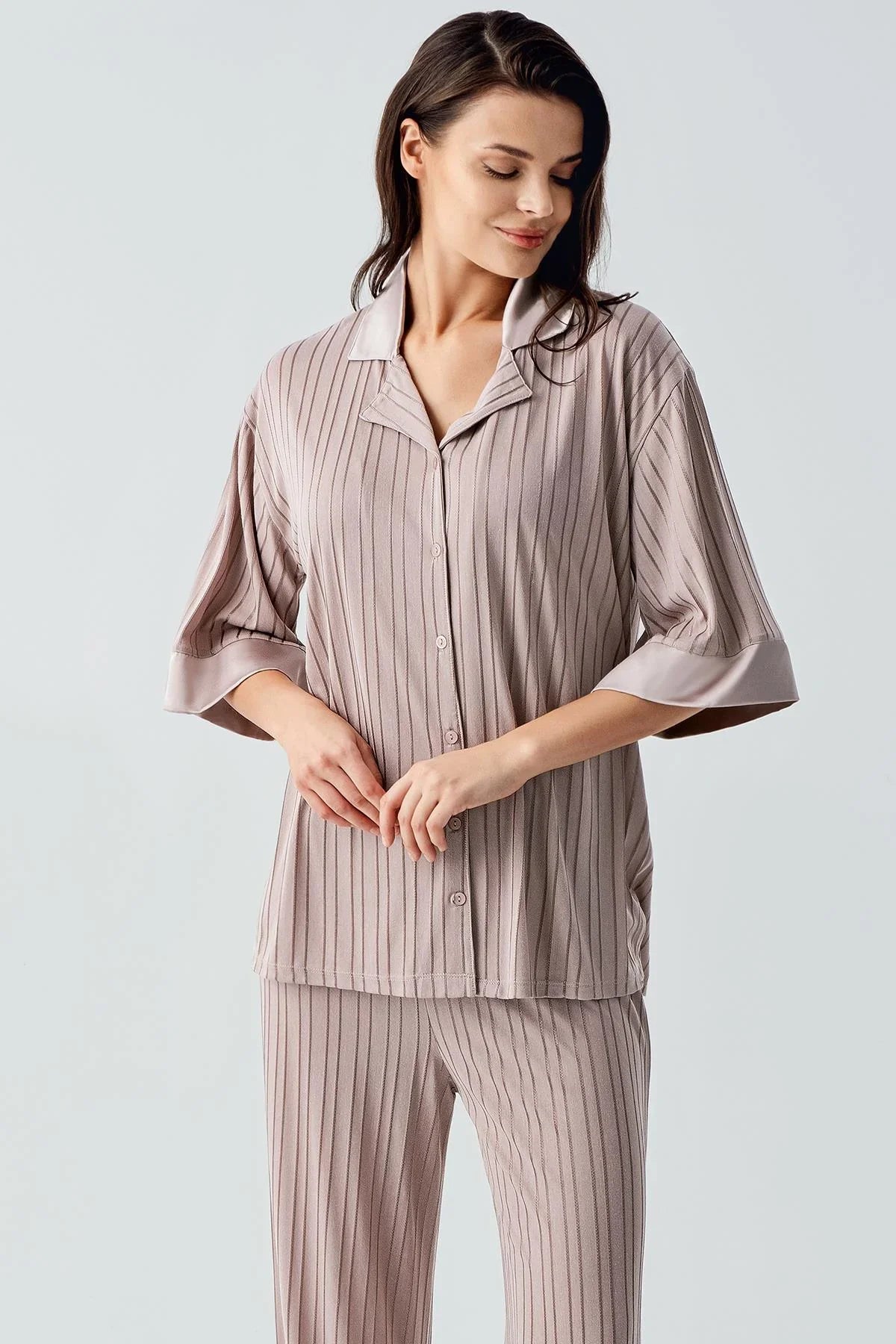 Truvakar Kol Düğmeli Saten Detaylı Esnek Viskoz Pijama Takım 17202 - Artış Collection