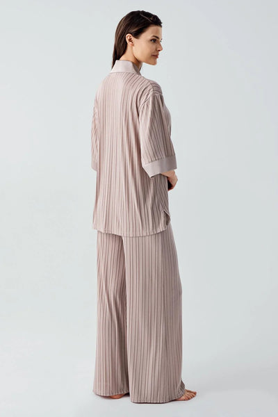 Truvakar Kol Düğmeli Saten Detaylı Esnek Viskoz Pijama Takım 17202