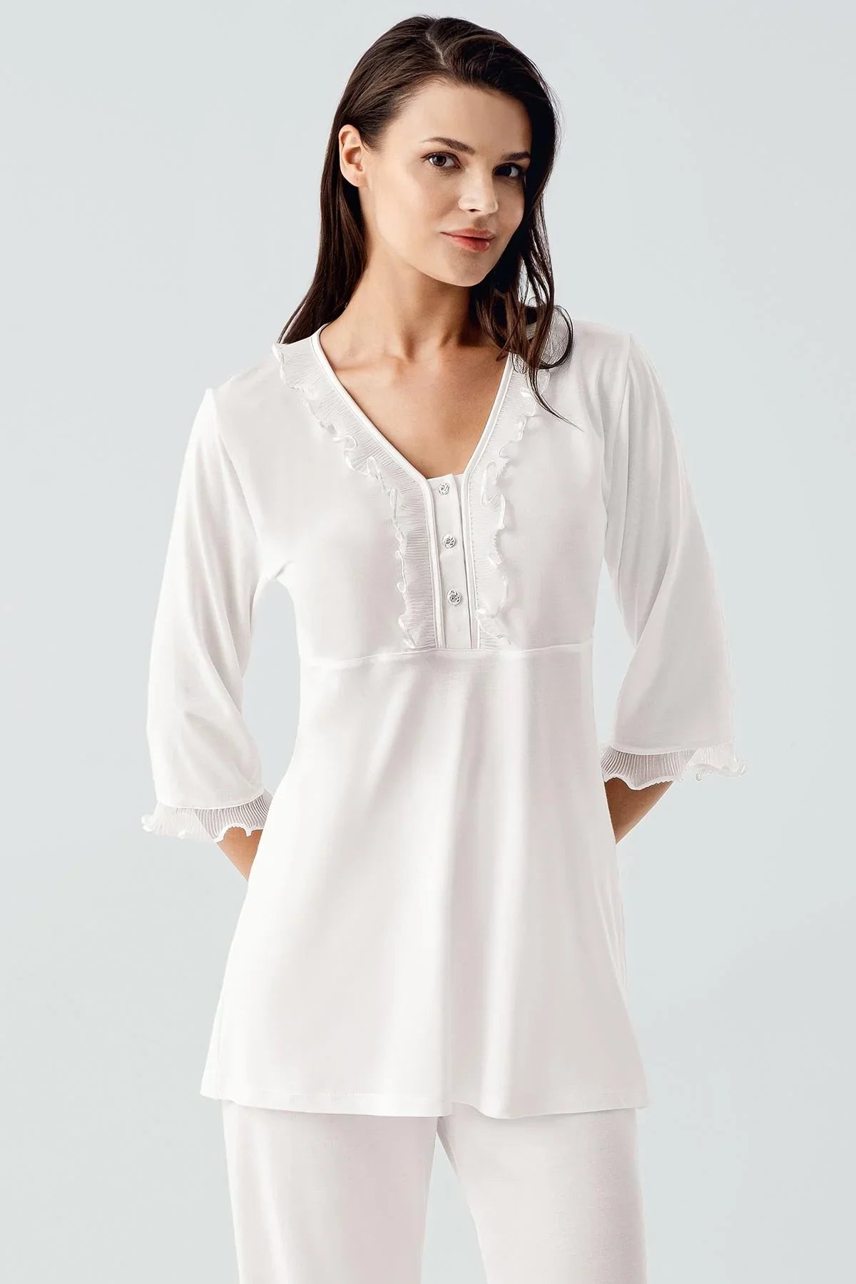 Truvakar Kollu Dantelli Düğmeli Esnek Viskoz Pijama Takım 17217