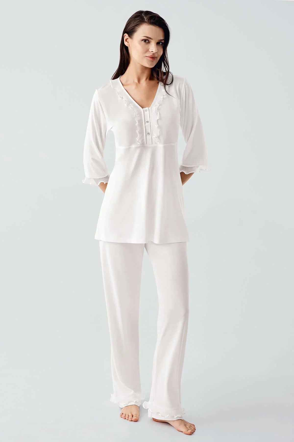Truvakar Kollu Dantelli Düğmeli Esnek Viskoz Pijama Takım 17217