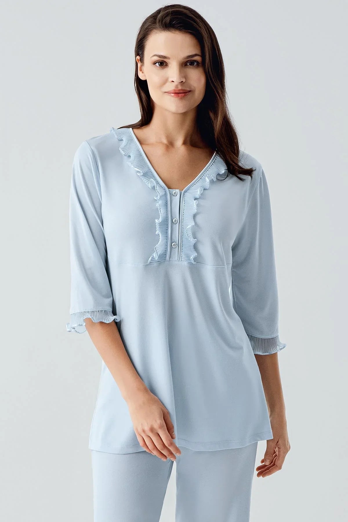 Truvakar Kollu Dantelli Düğmeli Esnek Viskoz Pijama Takım 17217