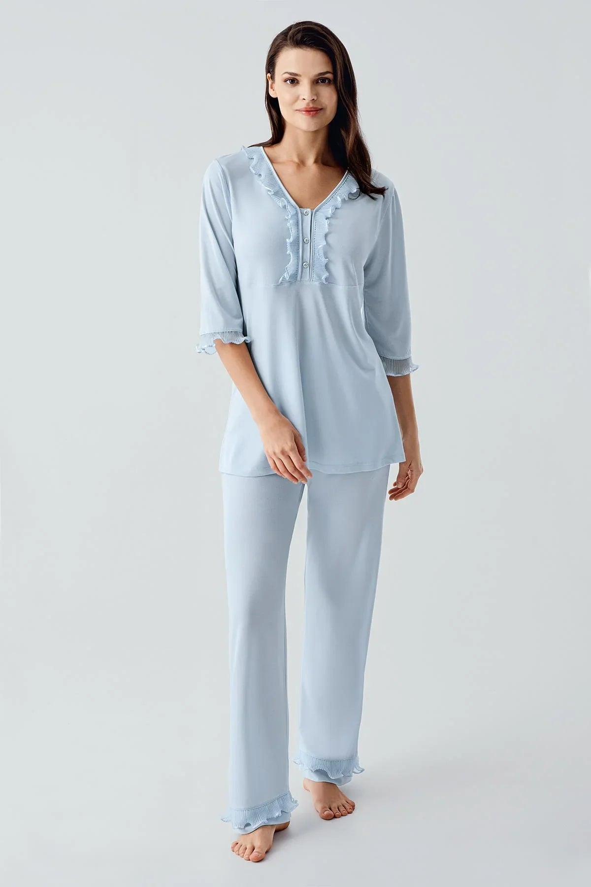 Truvakar Kollu Dantelli Düğmeli Esnek Viskoz Pijama Takım 17217