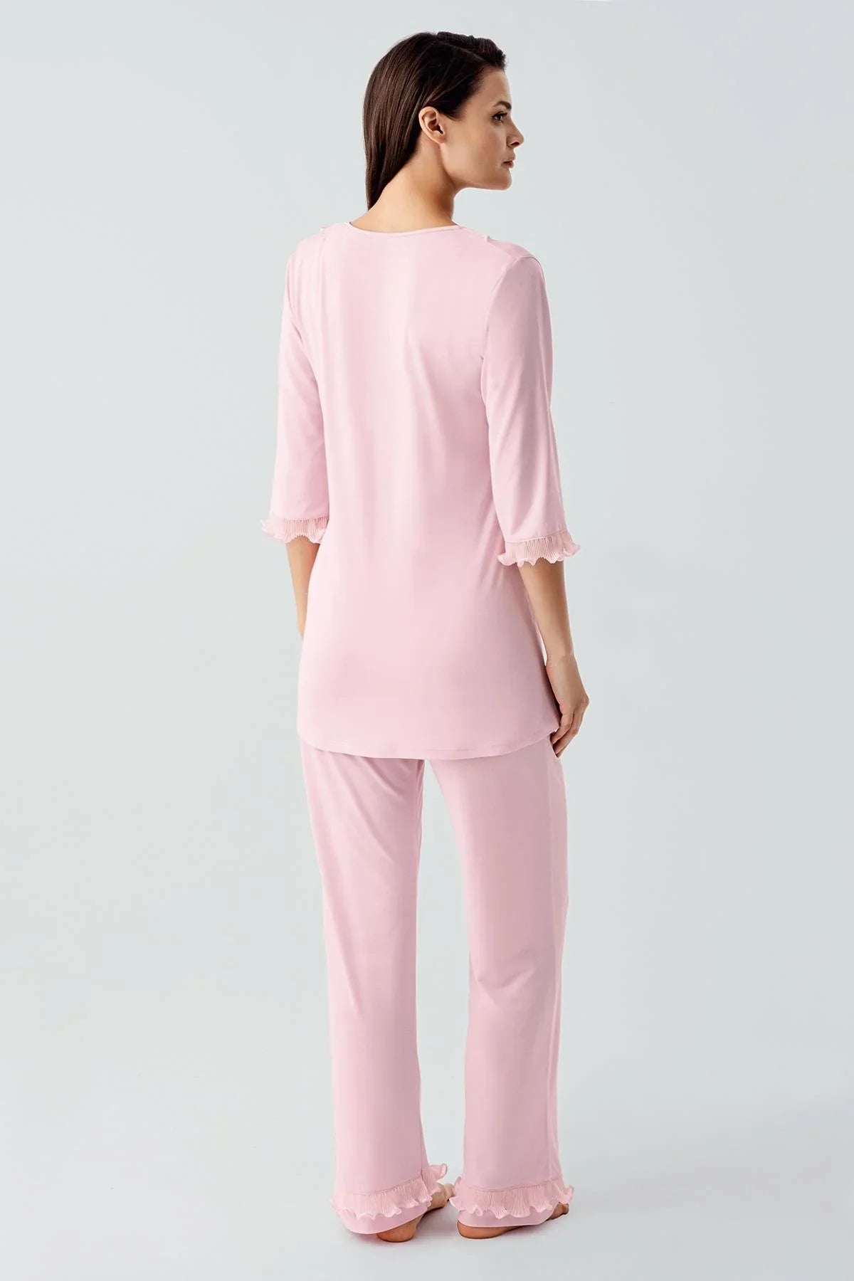 Truvakar Kollu Dantelli Düğmeli Esnek Viskoz Pijama Takım 17217