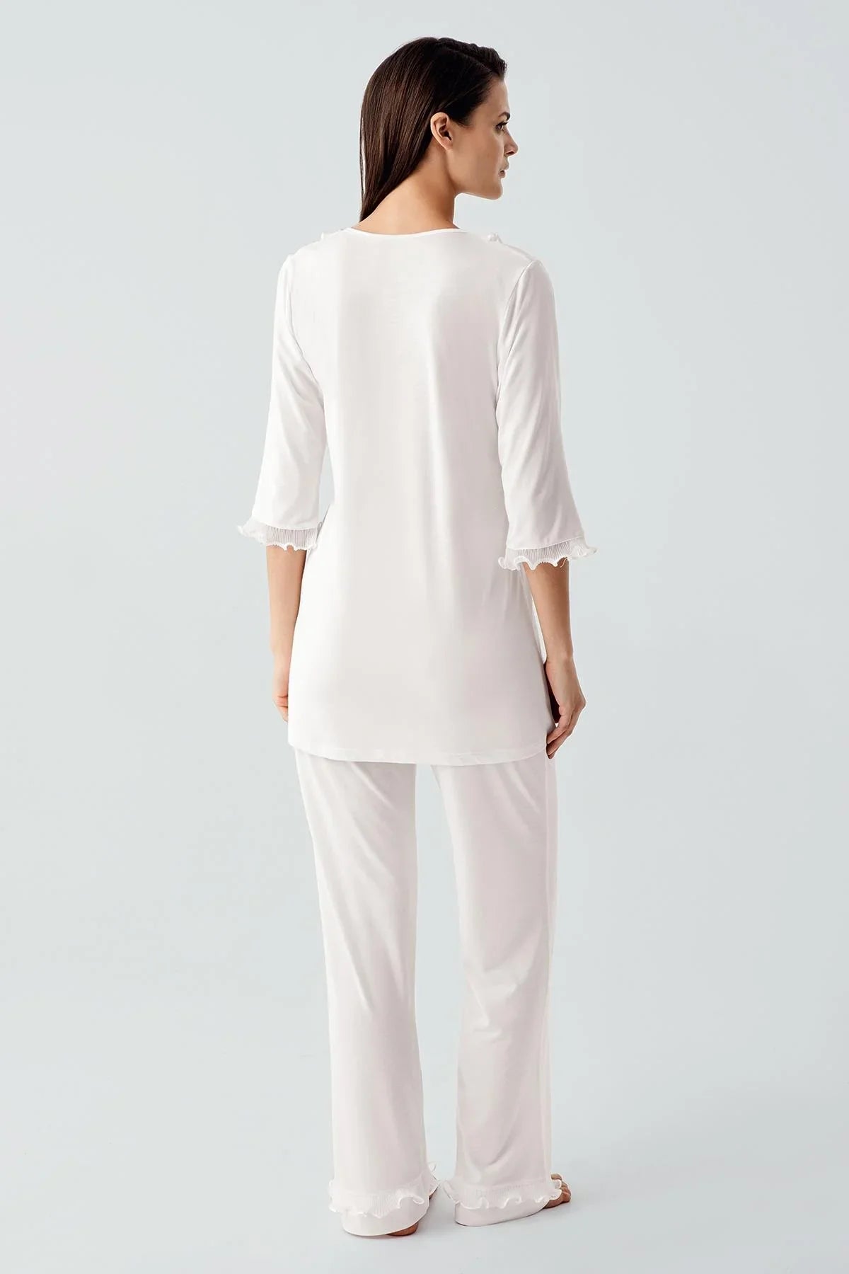 Truvakar Kollu Dantelli Düğmeli Esnek Viskoz Pijama Takım 17217