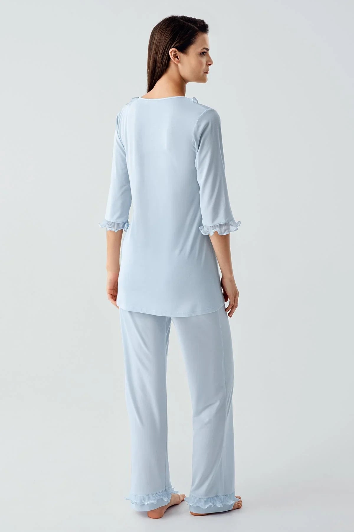 Truvakar Kollu Dantelli Düğmeli Esnek Viskoz Pijama Takım 17217