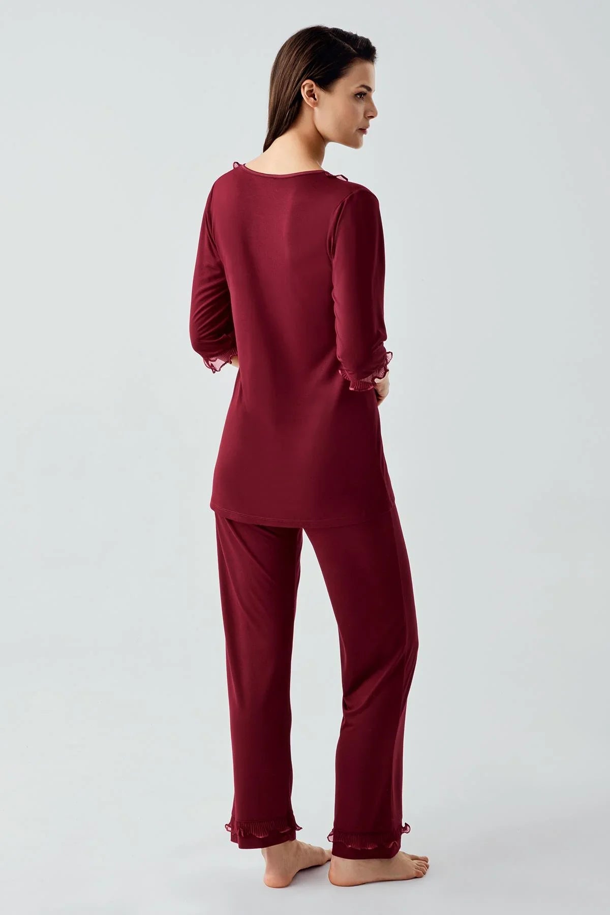 Truvakar Kollu Dantelli Düğmeli Esnek Viskoz Pijama Takım 17217