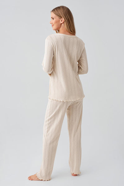 Long Sleeve Buttoned Flexible Cotton Maternity Pajama Set 18214