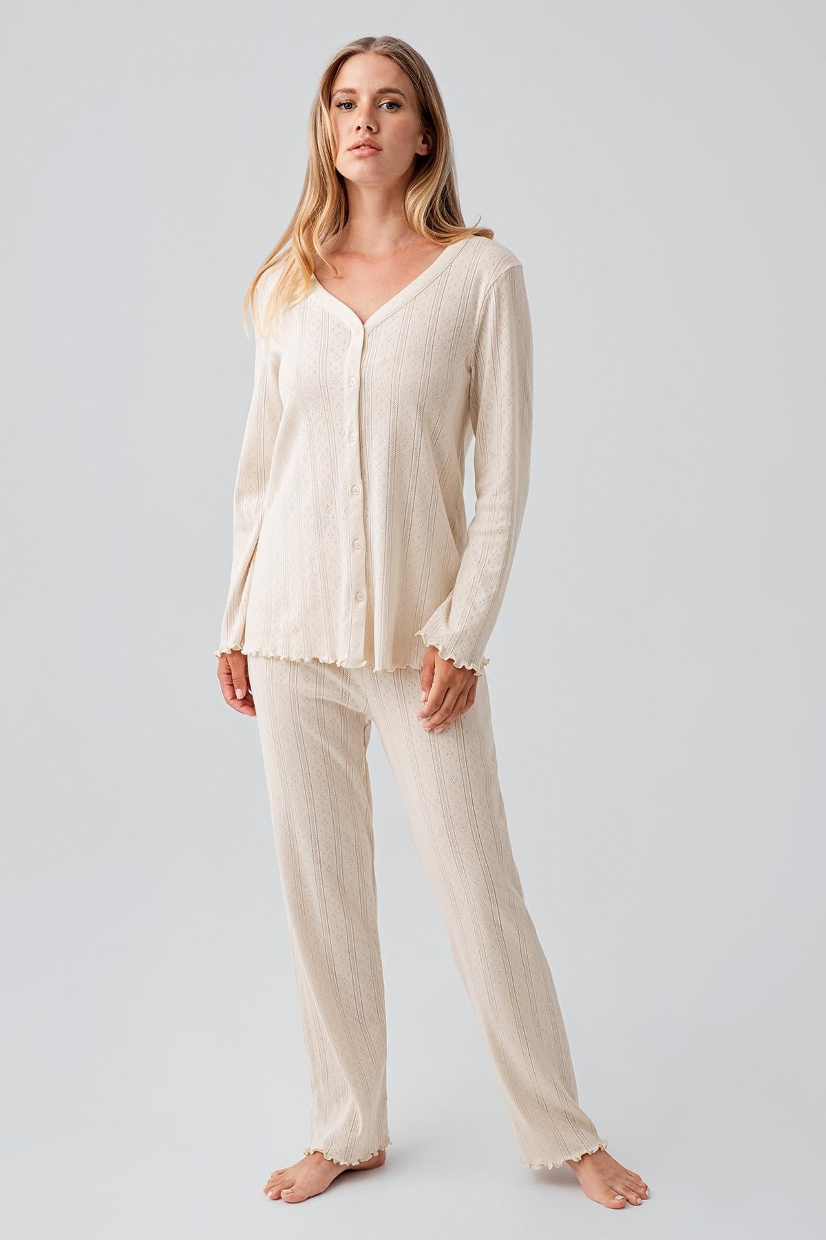 Long Sleeve Buttoned Flexible Cotton Maternity Pajama Set 18214