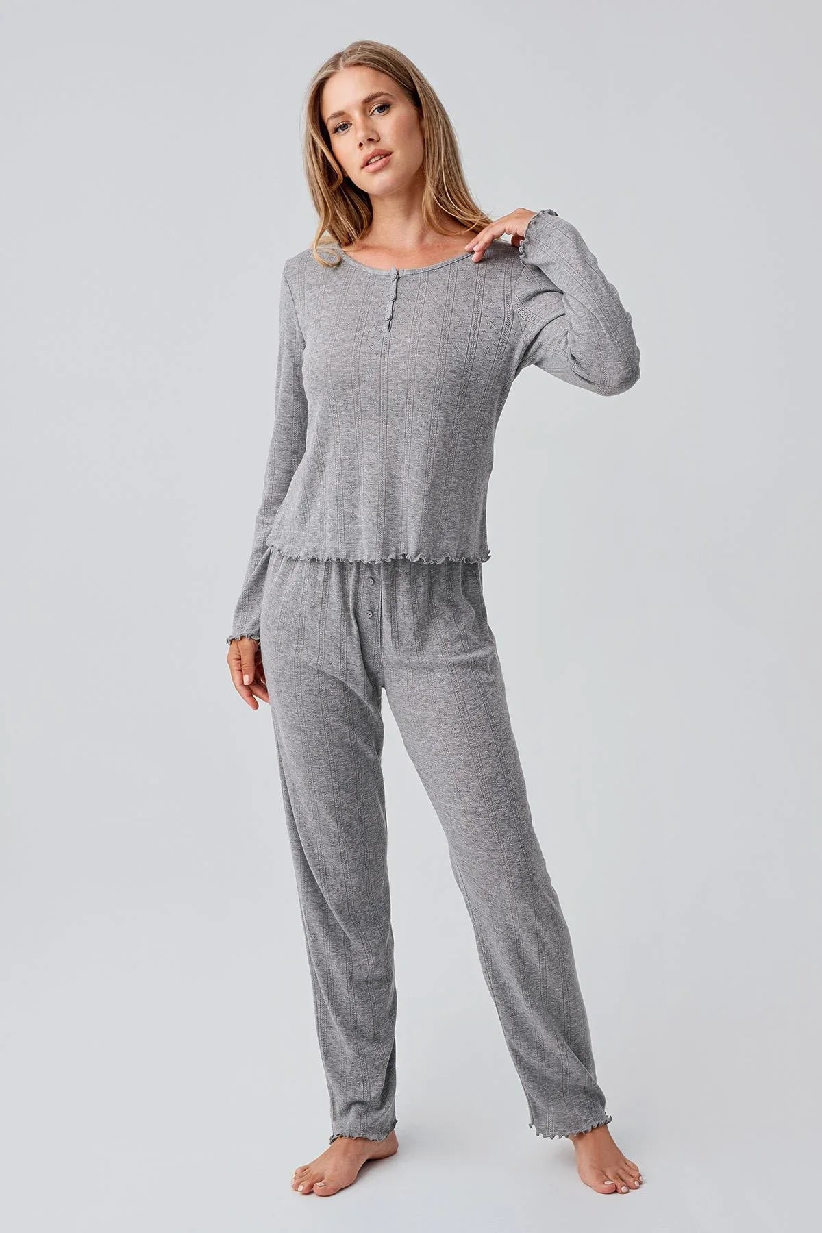 Uzun Kollu Ajurlu Düğmeli Esnek Pamuklu Pijama Takım 18213 - Artış Collection