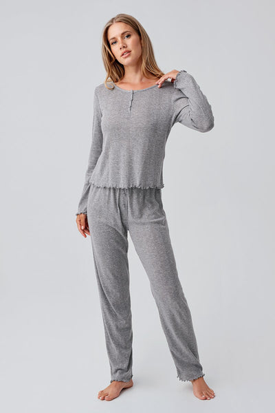 Long Sleeve Openwork Buttoned Flexible Cotton Pajama Set 18213
