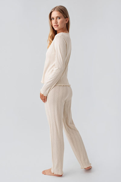 Long Sleeve Openwork Buttoned Flexible Cotton Pajama Set 18213
