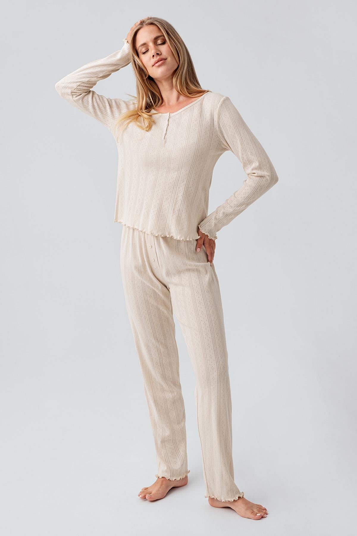Long Sleeve Openwork Buttoned Flexible Cotton Pajama Set 18213