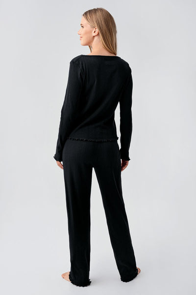 Long Sleeve Openwork Buttoned Flexible Cotton Pajama Set 18213