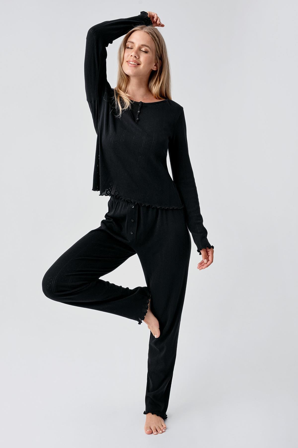 Long Sleeve Openwork Buttoned Flexible Cotton Pajama Set 18213