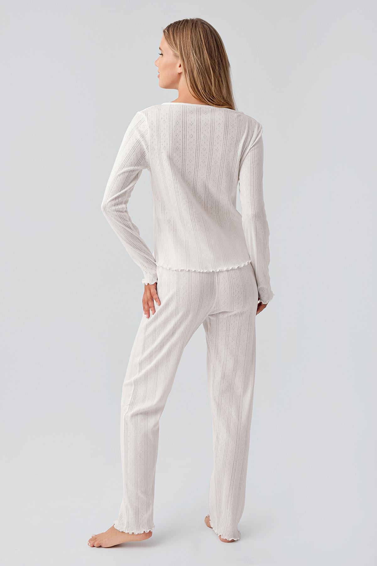 Long Sleeve Openwork Buttoned Flexible Cotton Pajama Set 18213