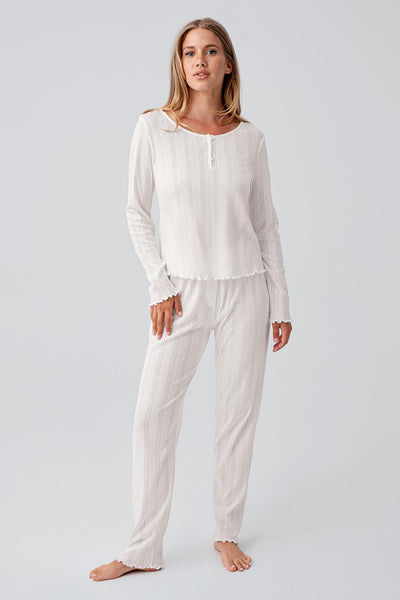 Long Sleeve Openwork Buttoned Flexible Cotton Pajama Set 18213