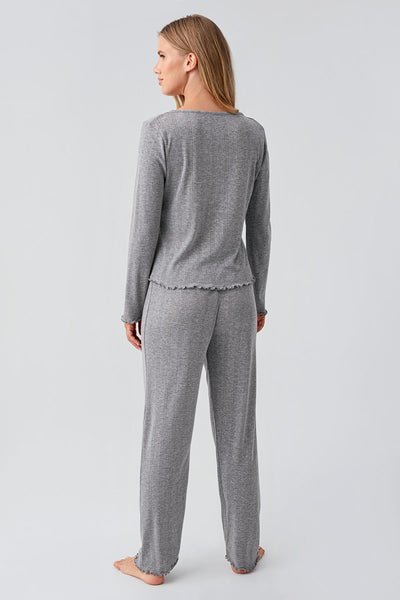 Long Sleeve Openwork Buttoned Flexible Cotton Pajama Set 18213
