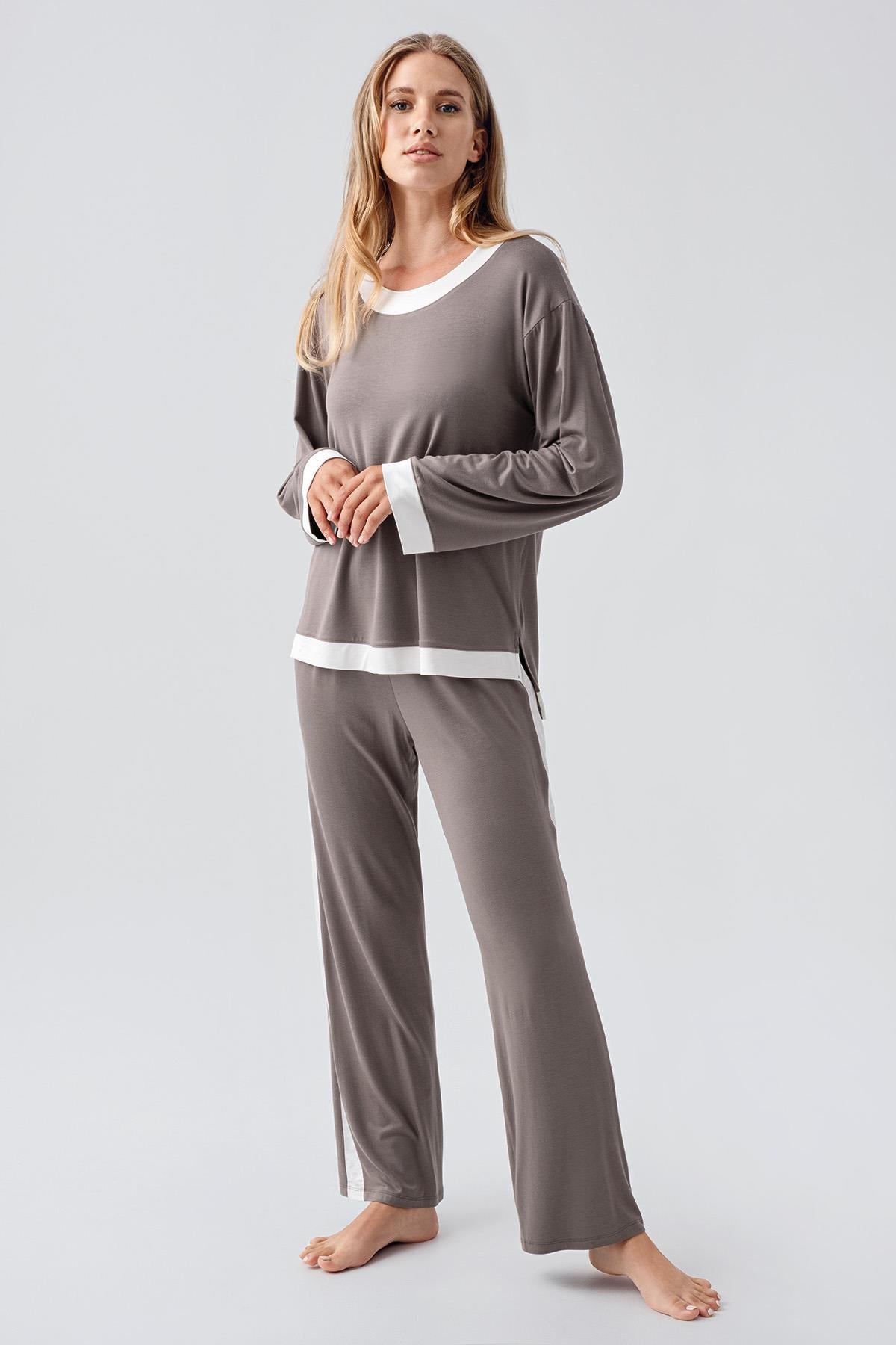 Long Sleeve Basic Flexible Viscose Pajama Set 18209